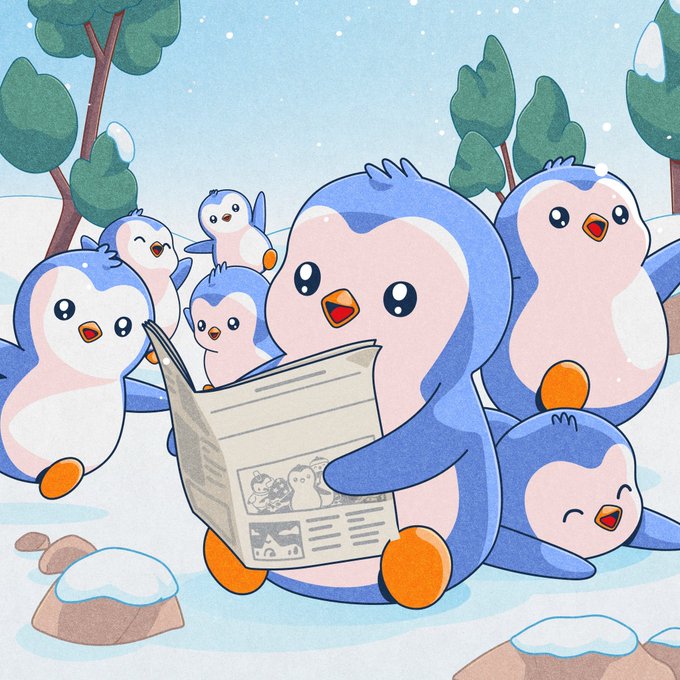 A cartoon illustration of a group of cute blue and white penguins, with the central penguin reading a newspaper in a snowy forest setting.