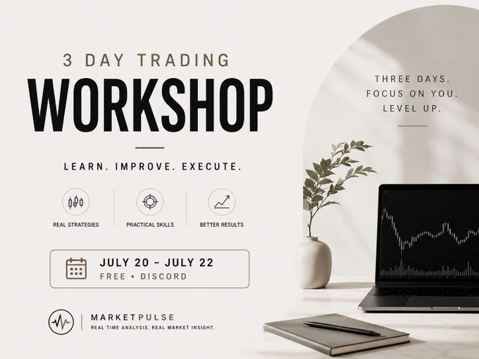 A promotional graphic for "MarketPulse" advertising a free 3-day trading workshop running July 20–22 on Discord, featuring the tagline "Three Days. Focus On You. Level Up." alongside a laptop displaying a stock chart. The image supports the post's message by reinforcing the upcoming workshop dates and emphasizing skill development for traders of all experience levels.
