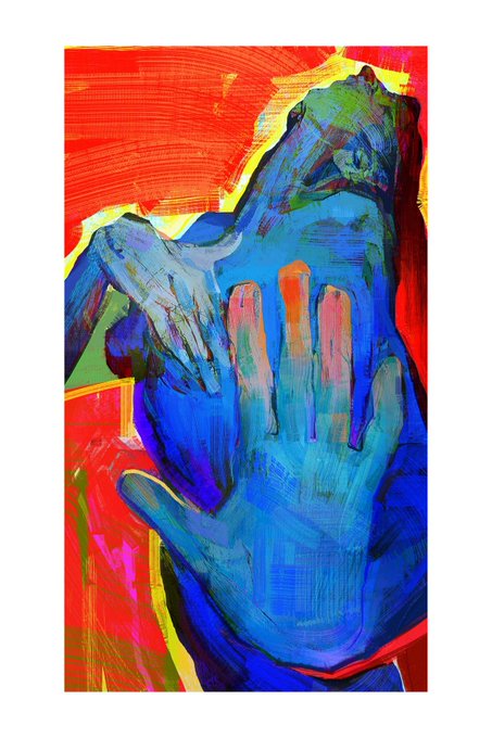 This abstract painting, titled "Heatwave" by @OriginalGoldCat, features vibrant blues and reds in a dynamic composition. The artwork captures a sense of urgency and passion, perfectly illustrating the theme of the text.