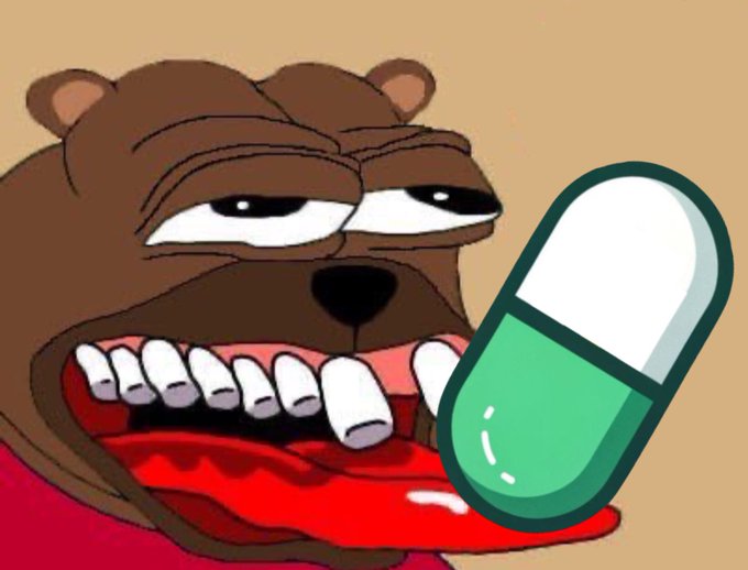 A cartoon bear wearing a red shirt with a green pill stuck out of its mouth, along with other text that says "Day 337", "Posting a meme until $BOBO gets to 1B market cap @bobocouncil". The image has been shared and tagged as a meme.
