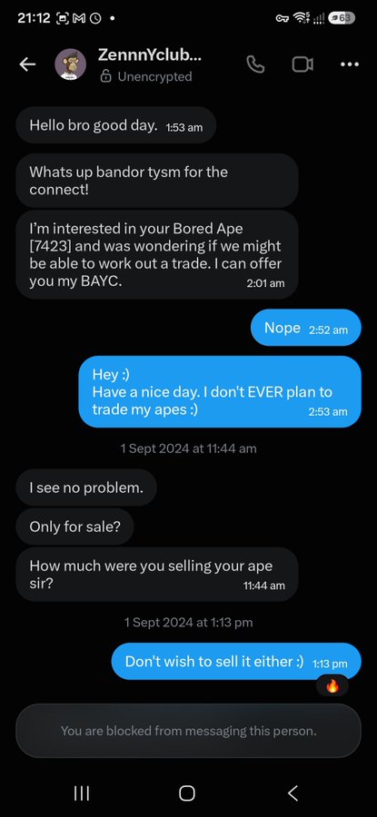 A text message conversation screenshot where someone is trying to trade or buy a Bored Ape NFT, but the owner declines, saying "I don't EVER plan to trade my apes" and "Don't wish to sell it either", ending with "You are blocked from messaging this person."
