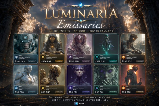 Promotional artwork for 'LUMINARIA Emissaries' by CRYVA, advertising 20 bounties and over $4,000+ USDC in rewards, featuring 10 character cards with prize amounts like $500 CRO, $500 BNB, and $500 SOL.