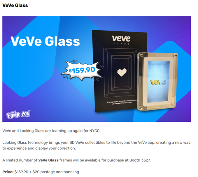 An advertisement for 'VeVe Glass' showing a holographic photo frame priced at $159.90, a collaboration with Looking Glass technology to display 3D VeVe collectibles, available at NYCC Booth 3327.