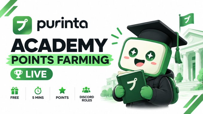 A promotional banner for 'purinta ACADEMY POINTS FARMING LIVE' featuring a green mascot wearing a graduation cap and holding a book, with badges indicating 'FREE', '5 MINS', 'POINTS', and 'DISCORD ROLES'.