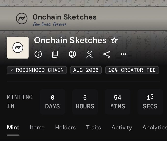 A countdown clock for the "Onchain Sketches" NFT collection (tagline: "few lines, forever"), launching in 0 days, 5 hours, 54 minutes, and 13 seconds on Robinhood Chain with a 10% creator fee. The image shows the project's mint page, fitting the post about upcoming mints the user is watching.