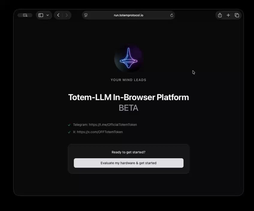 The image shows a computer screen displaying a webpage with a black background. The main focus of the image is a banner at the top that says "TOTEM is finally live - and the launch went well. What caught my attention isn't the hype, but the fact that the team is openly showing what they're building." Below this banner, there's a link to a GitHub page where one can view more information about the project or even contribute to it. The image also includes text that reads "ready to get started? evaluate my hardware & start?".