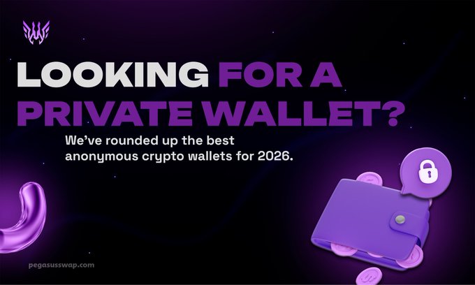 Promotional graphic for pegasususswap.com reading "LOOKING FOR A PRIVATE WALLET? We've rounded up the best anonymous crypto wallets for 2026," featuring a purple wallet with a lock icon.