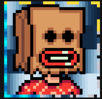 A pixel art portrait of a character with X-shaped eyes, a wide smile, and a red and white checkered shirt against a blue striped background.