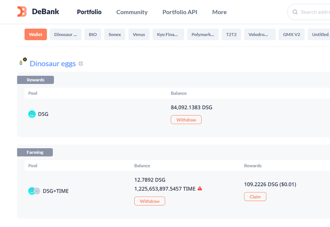 A screenshot of the DeBank portfolio interface showing a 'Dinosaur eggs' page with a Wallet tab selected, displaying Rewards of 84,092.1383 DSG and Farming balances including DSG+TIME.
