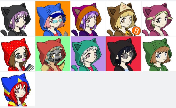 A grid of nine anime-style chibi characters, each wearing a different colored cat-ear hoodie.