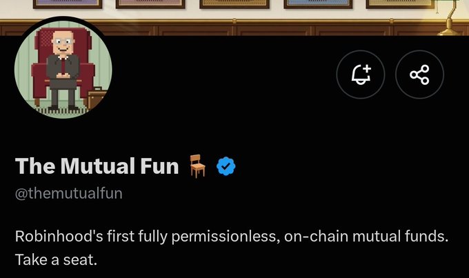 A Twitter/X profile for "The Mutual Fun" (@themutualfun) featuring a pixel art avatar of a suited figure in an armchair, with the bio describing it as "Robinhood's first fully permissionless, on-chain mutual funds. Take a seat." The post highlights this as early alpha from @Kingpickle on Robinhood Chain with a 4,001 supply and TBA price, matching the profile's mutual fund theme.