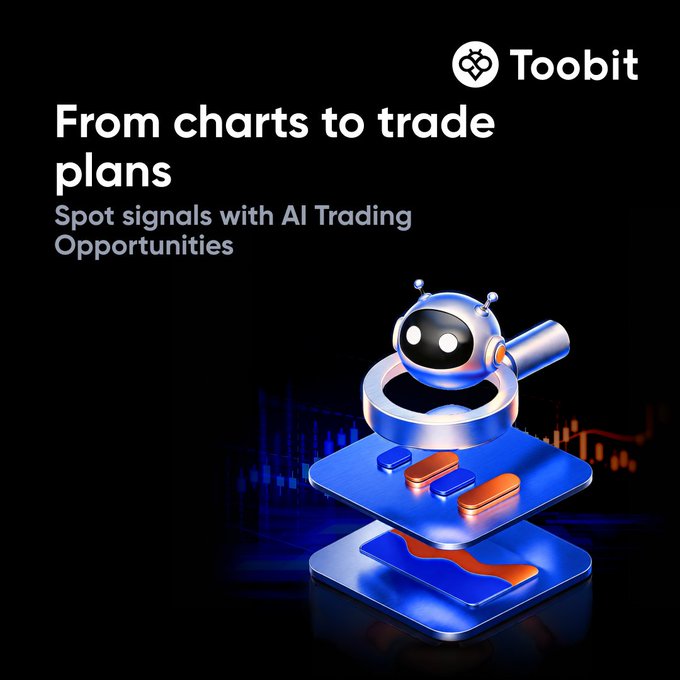 A promotional graphic for Toobit featuring the headline "From charts to trade plans" and tagline "Spot signals with AI Trading Opportunities," showing a friendly blue robot icon above stacked trading platform tiles with candlestick charts in the background, illustrating the post's message about AI delivering complete trade plans directly from charts.