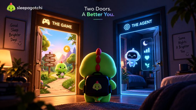 An illustration for 'sleepagotchi' showing a green dinosaur character with a backpack standing between two glowing doors labeled 'THE GAME' and 'THE AGENT', with the tagline 'Two Doors. A Better You.'