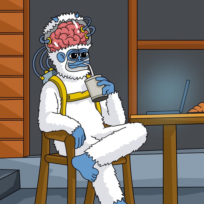 The image features a cartoon character, possibly a white snowman or a penguin with blue eyes, sitting at a table holding a drink and wearing a backpack. The character appears to be engaged in research about coins related to the @SuiNetwork platform. The post also discusses interesting insights about the @SuiNetwork coin holder count, which is steady overall, 25,000+ users, and how it's ramping up its social activity compared to other culture coins on the platform.