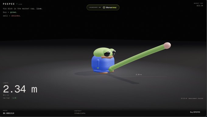 A website screenshot for 'PEEPEE' displaying a 3D animated character holding a green stick, with text stating 'his dick is the market cap. live. buy. sperm. sell = thinks.'