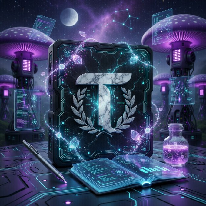 The image features a black book titled "T" that has been rendered in shades of purple, blue, green, and white. The book appears to be open with its pages spread out, possibly containing information about Bittensor or a story related to the character T. A pen is also present on the table next to the book, suggesting someone was writing or drawing something before closing the book.