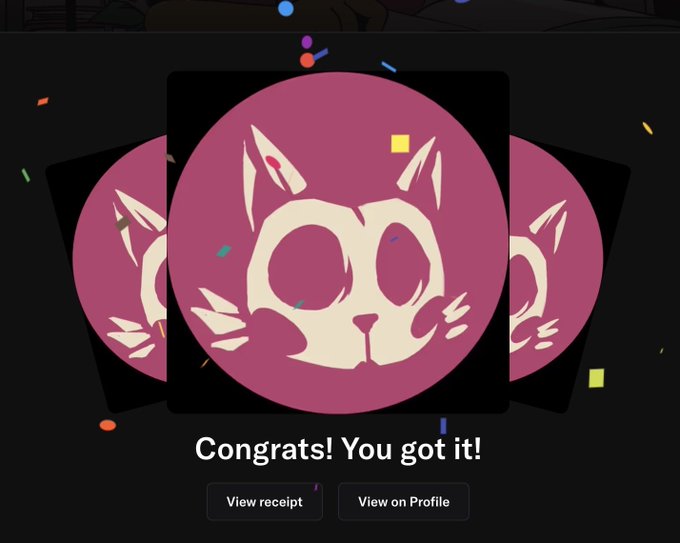 A digital reward screen displays a stylized cat skull logo on a maroon background with confetti, reading 'Congrats! You got it!' along with buttons for 'View receipt' and 'View on Profile'.