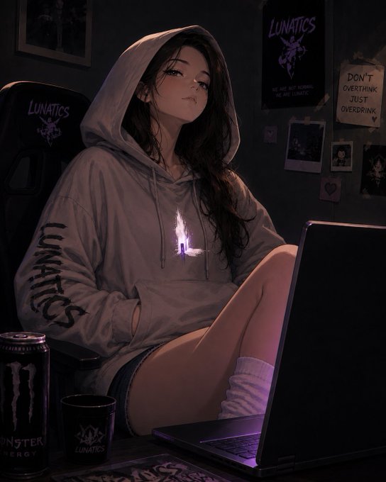 An anime-style digital illustration of a girl in a 'LUNATICS' hoodie sitting at a desk with a laptop, a Monster Energy can, and a 'Don't Overthink Just Overdrink' sign on the wall.