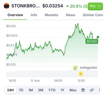 A CoinGecko price chart for 'STONKBRO...' showing a current price of $0.03254, up 20.9%, with the green price line trending upward across a 24-hour period.