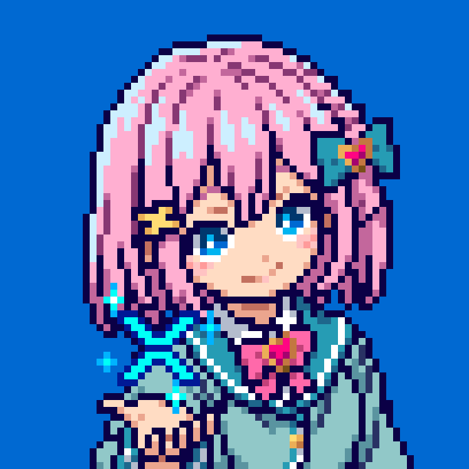 A pixel art anime-style character with pink hair and a blue bow, set against a blue background, complements the post's theme of "The revival of NFTs is art. Probably."—with the digital artwork serving as a visual example of how pixel art represents the creative potential of NFT-based artistic expression.