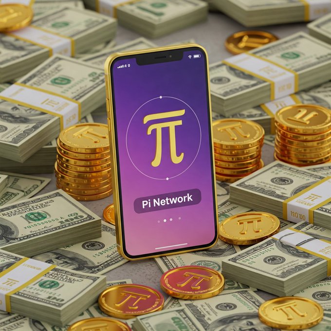 A smartphone displaying the purple 'Pi Network' logo sits atop stacks of US dollar bills and gold coins marked with the Pi symbol.
