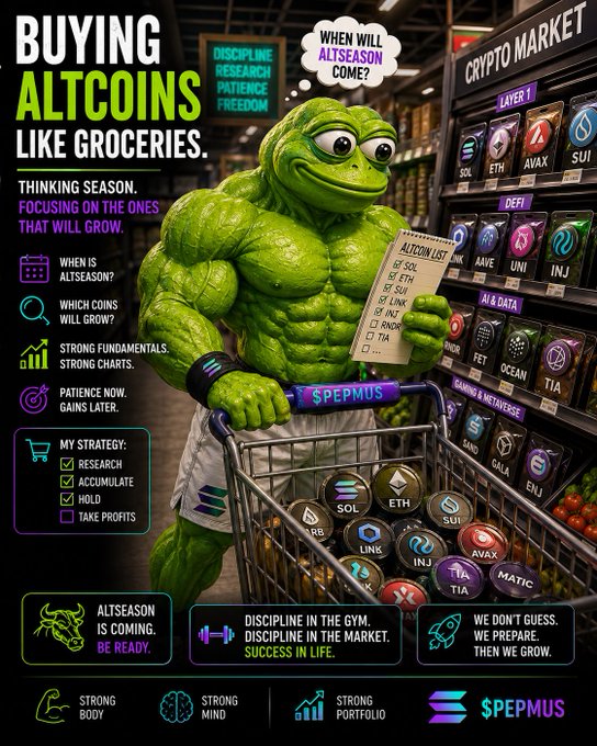 A promotional graphic titled 'BUYING ALTCOINS LIKE GROCERIES' featuring a muscular Pepe the Frog holding a shopping list in a grocery store filled with crypto coin icons (SOL, ETH, AVAX, SUI, etc.), branded with '$PEPMUS'.