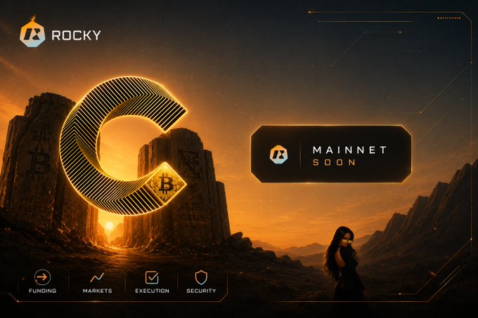 A promotional graphic with the text "ROCKY" and "MAINNET SOON," featuring a large stylized "C" with a Bitcoin logo, set in a dramatic desert landscape with a cloaked figure and tabs for "FUNDING," "MARKETS," "EXECUTION," and "SECURITY."