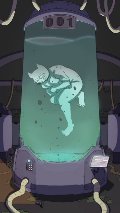 A pale figure with glasses floats curled up inside a glowing blue liquid-filled tank labeled "001," surrounded by tubes and lab equipment, suggesting an experimental subject awaiting activation. The caption ties in with $CATJAK's anticipation of being "unleashed" by depicting a creature suspended in stasis, nearly ready to emerge.