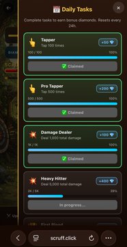 A mobile game interface displays a 'Daily Tasks' menu with achievements like 'Tapper', 'Pro Tapper', 'Damage Dealer', and 'Heavy Hitter', offering diamond rewards upon completion.