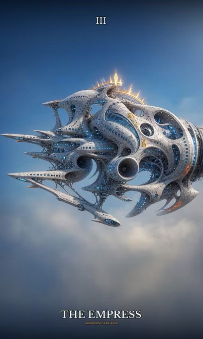 A digital illustration of an ornate, futuristic spaceship or airship flying through clouds, labeled as Tarot card III 'THE EMPRESS' by AIKICON ARCANA.