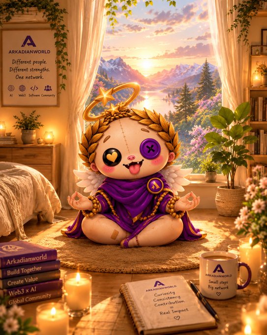 A promotional graphic for ARKADIANWORLD featuring a cute angel-like character in a purple robe meditating in a cozy room setting, with the tagline 'Different people. Different strengths. One network.'