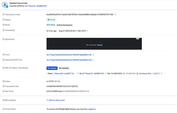 An Etherscan transaction action page shows a successful transfer of 0 ETH (51,142,404.51 ERC-20 tokens) from 'Moonwell: mcBTC' to address 0x719eae70..., with block 50516532 confirmed on Aug 27, 2026.