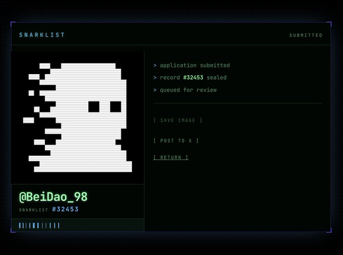 A retro terminal-style interface titled 'SNARKLIST' displaying a pixelated skull image submitted by @BeiDao_98 with record #32453 sealed and queued for review.