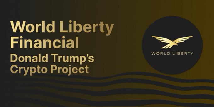 A promotional graphic for "World Liberty Financial" described as "Donald Trump's Crypto Project," featuring a black circular logo with a golden eagle and wave designs on a dark background.