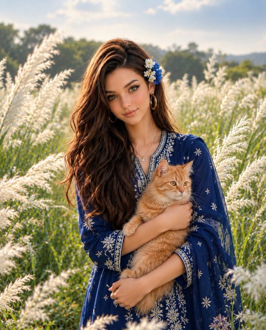 A young woman with long brown hair wearing a blue embroidered dress holds an orange tabby cat in a field of tall white pampas grass.
