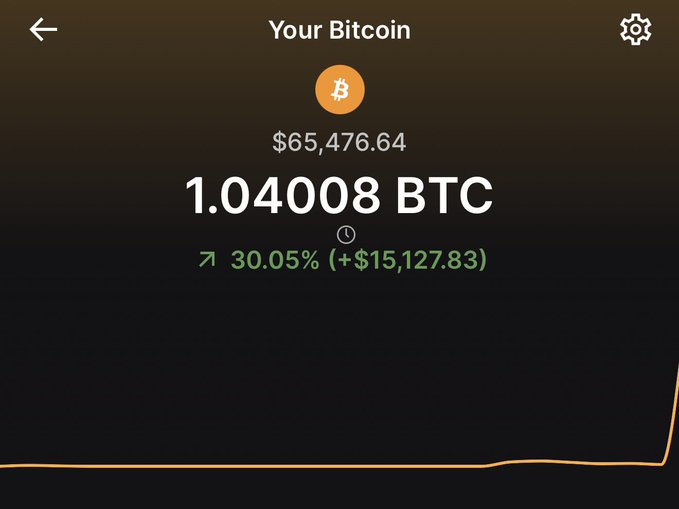 The image provides a snapshot of a user's Bitcoin holdings within a digital portfolio application, showcasing 1.04008 BTC equivalent to a total of $65,476.64. The positive growth of Bitcoin's value is reflected in the performance chart and the transaction record, showing a significant appreciation over time. This visual representation confirms and complements the post's information about DiGi Capital's expansion of its $BTC holdings without indicating the specific purchasing margin.