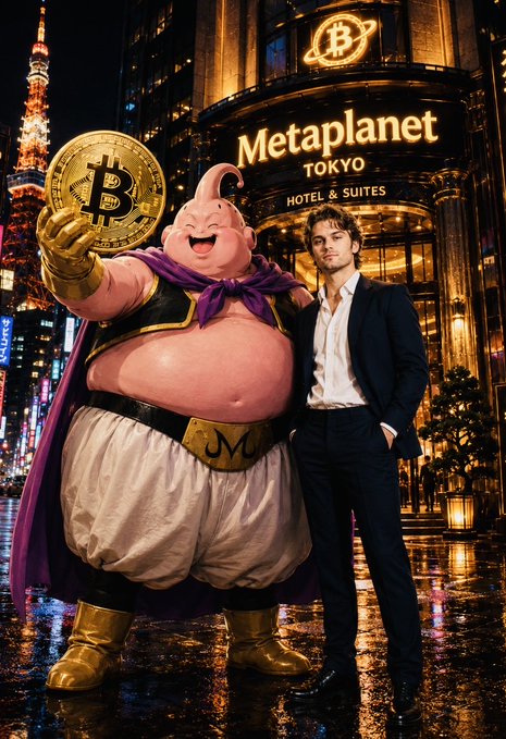 The image features a man posing next to a large, animated pink pig statue located near a hotel sign for Tokyo, with a Bitcoin coin held by the man. The scene seems to suggest that they are attending or visiting the Metapocket hotel or a related event in Japan during an event centered around cryptocurrency and blockchain technology. The photo appears to be edited, giving it a more surreal appearance compared to the real world. The image caption indicates that there has been a significant increase in Bitcoin value (40k+ Bitcoins) by a large securities firm and hints at the growing popularity of digital currency among everyday people.
