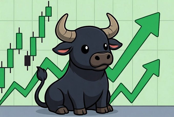 A cartoon black bull sits in front of a green stock chart with candlesticks and upward-trending green arrows, symbolizing a bull market.