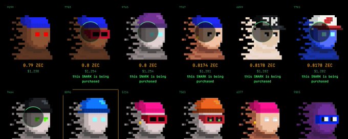 A grid displaying pixel art NFT avatars with varying traits, prices in ZEC, and status indicators such as 'this pixel is being purchased'.
