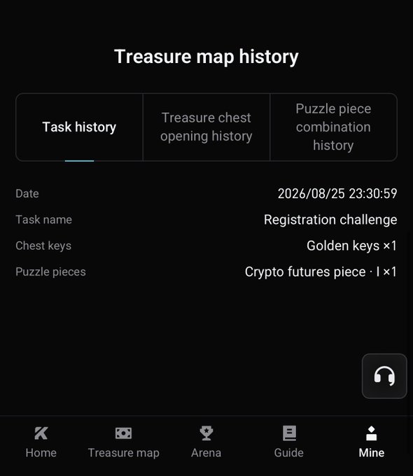 A 'Treasure map history' screen from a crypto gaming app showing task history for a Registration challenge on 2026/08/25, with rewards of Golden keys x1 and Crypto futures piece I x1.