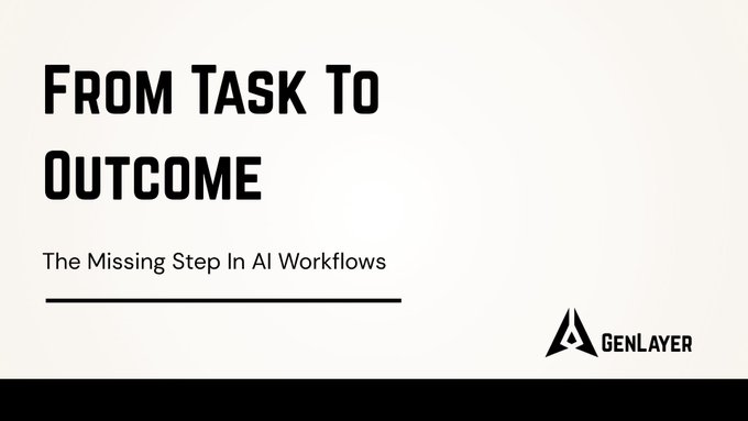 A promotional graphic for GenLayer titled 'From Task To Outcome: The Missing Step In AI Workflows'.