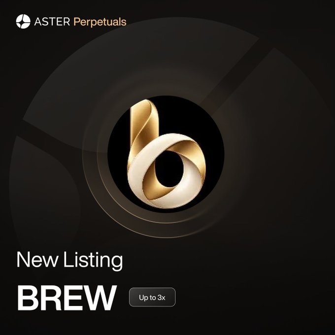 A promotional graphic for ASTER Perpetuals announcing a 'New Listing BREW' with 'Up to 3x' leverage, featuring a golden and white ribbon-like logo on a black background.