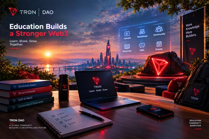 A promotional banner for TRON DAO features the text 'Education Builds a Stronger Web3. Learn. Share. Grow. Together.' above a workspace with a laptop displaying the TRON logo, books labeled 'Blockchain Basics,' 'Smart Contracts,' 'DeFi & Web3,' and 'Community & Governance,' and a holographic menu showing 'Tutorials, Workshops, Community, Resources, Q&A, Events.'