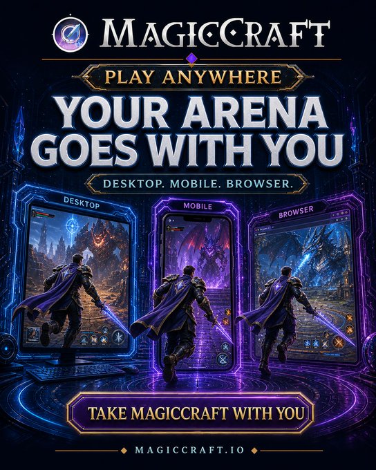 A promotional advertisement for MagicCraft reads 'YOUR ARENA GOES WITH YOU' and showcases the game on Desktop, Mobile, and Browser, directing users to magiccraft.io.