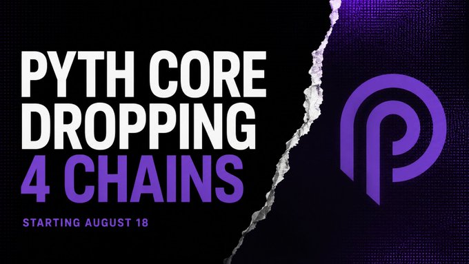 Promotional graphic with white and purple text on a black background reading 'PYTH CORE DROPPING 4 CHAINS STARTING AUGUST 18', alongside the purple Pyth Network logo.