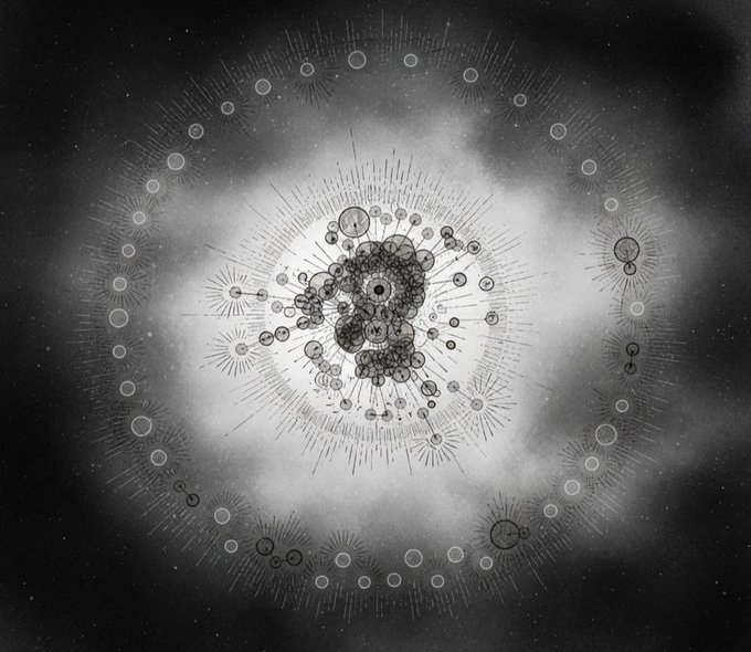 A black and white abstract cosmic illustration featuring concentric rings of geometric shapes, circles, and radiating lines against a cloudy background.