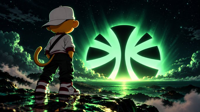 A digital illustration depicts a cartoon monkey character from behind, looking out over a body of water toward a massive, glowing green illuminated logo on the horizon.