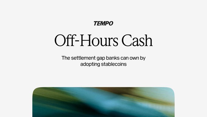 The image is a TEMPO report cover titled "Off-Hours Cash" with the subtitle "The settlement gap banks can own by adopting stablecoins," featuring an abstract blue-green gradient graphic at the bottom. It visually introduces the report's central argument—bridging weekend market activity with bank settlement gaps through stablecoin integration.