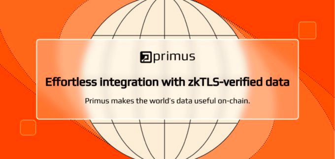 An orange-and-cream graphic for “primus” reads “Effortless Integration with zkTLS-verified data” and “Primus makes the world’s data useful on-chain.”