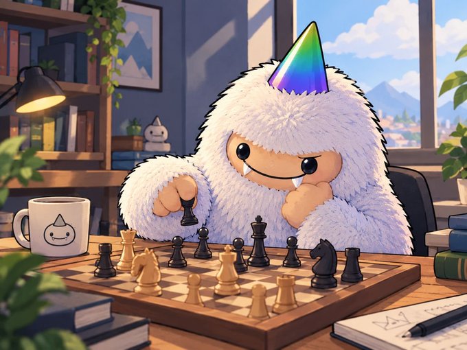 An illustrated, fluffy white yeti-like character wearing a party hat sits at a wooden desk playing chess, with a matching branded mug, books, and a notebook nearby, all set against a cozy room interior.